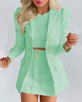 2022 new small suit long sleeved solid color top with mini skir v neck pockets office lady fashion jackets women blazer sets