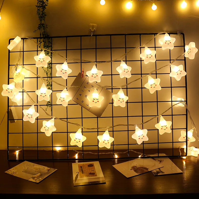 

6M 40 LED Smiley Star Light String Cute Pentagram Light Fairy Warm White Bedroom Decoration Lights Christmas Room Lights Decor