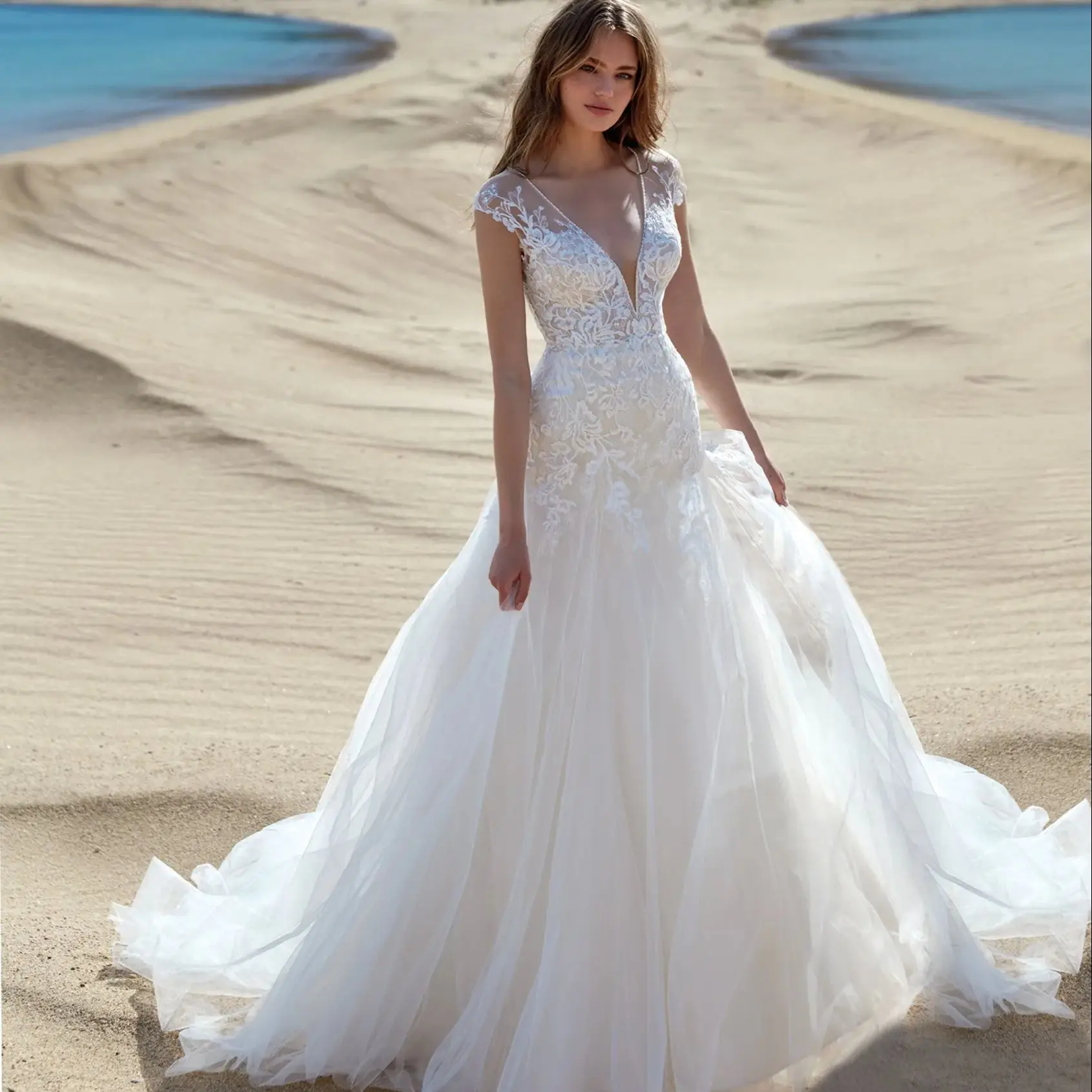 

Romantic A-Line Wedding Dress Lace Appliqued V-Neck Short Cap Sleeves Illusion Back Bridal Gown Tiered Ruffles Vestidos De Novia