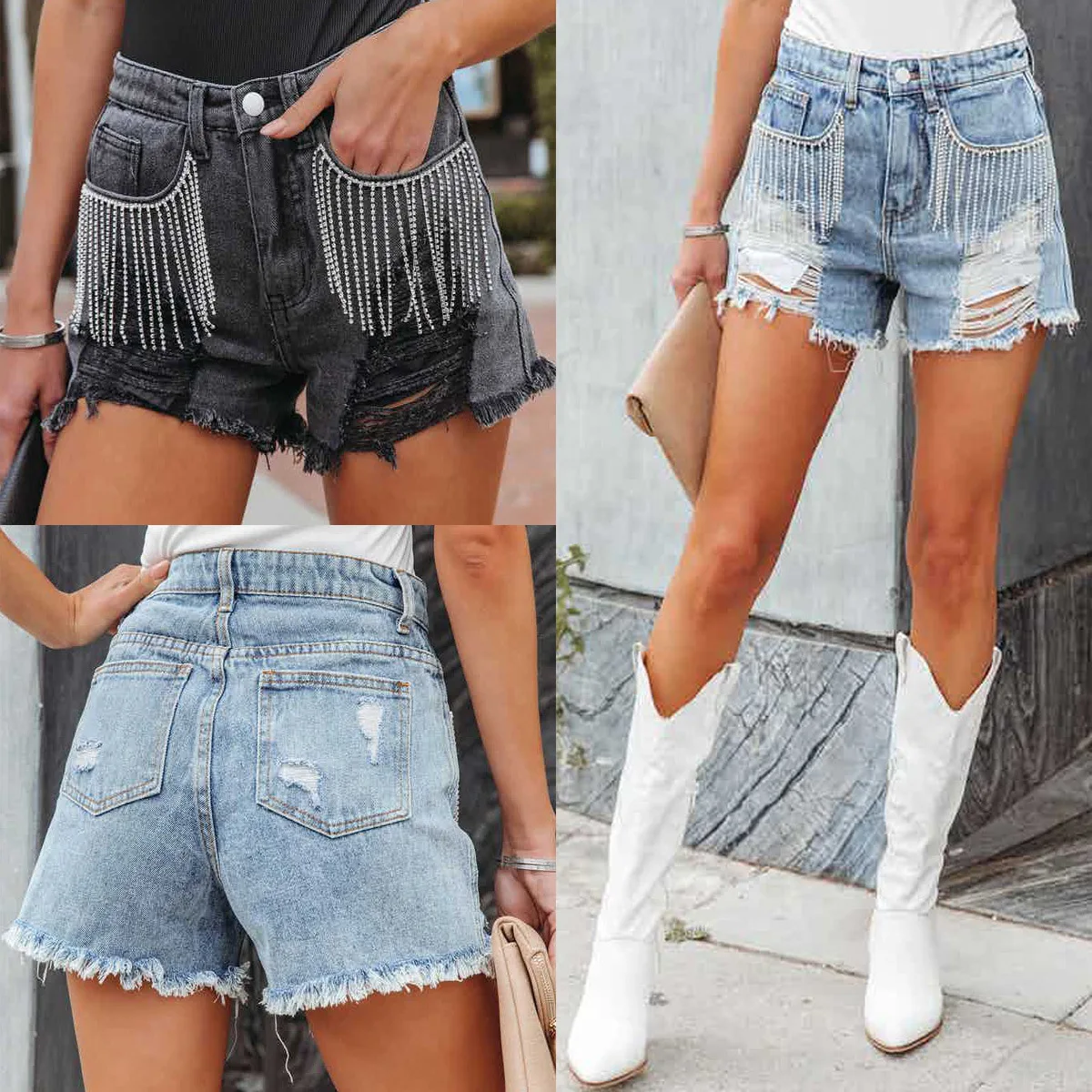 

2022 New Fashion Casual Chain Tassel Ripped Denim Shorts Women's Summer Shorts