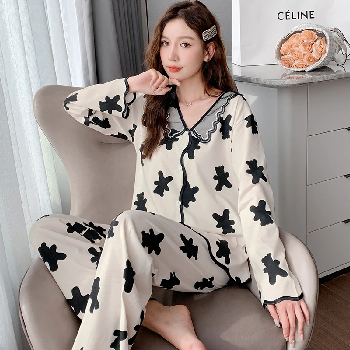 CAIYIER 2022 Winter V-Neck Women Pajamas Set Lovely Girls Simple Nightwear Ladies Loungewear Cartoon Bowknot Print Pijama Mujer