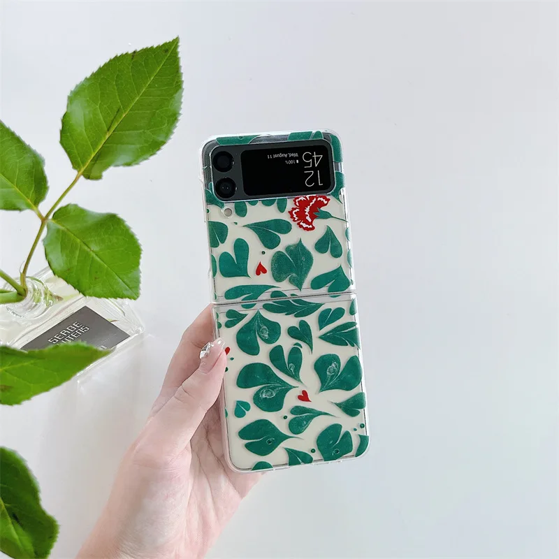 

Green Leaf Heart Phone Case for Samsung Galaxy Z Flip 3 Hard PC Back Cover for ZFlip3 Case Protective Shell