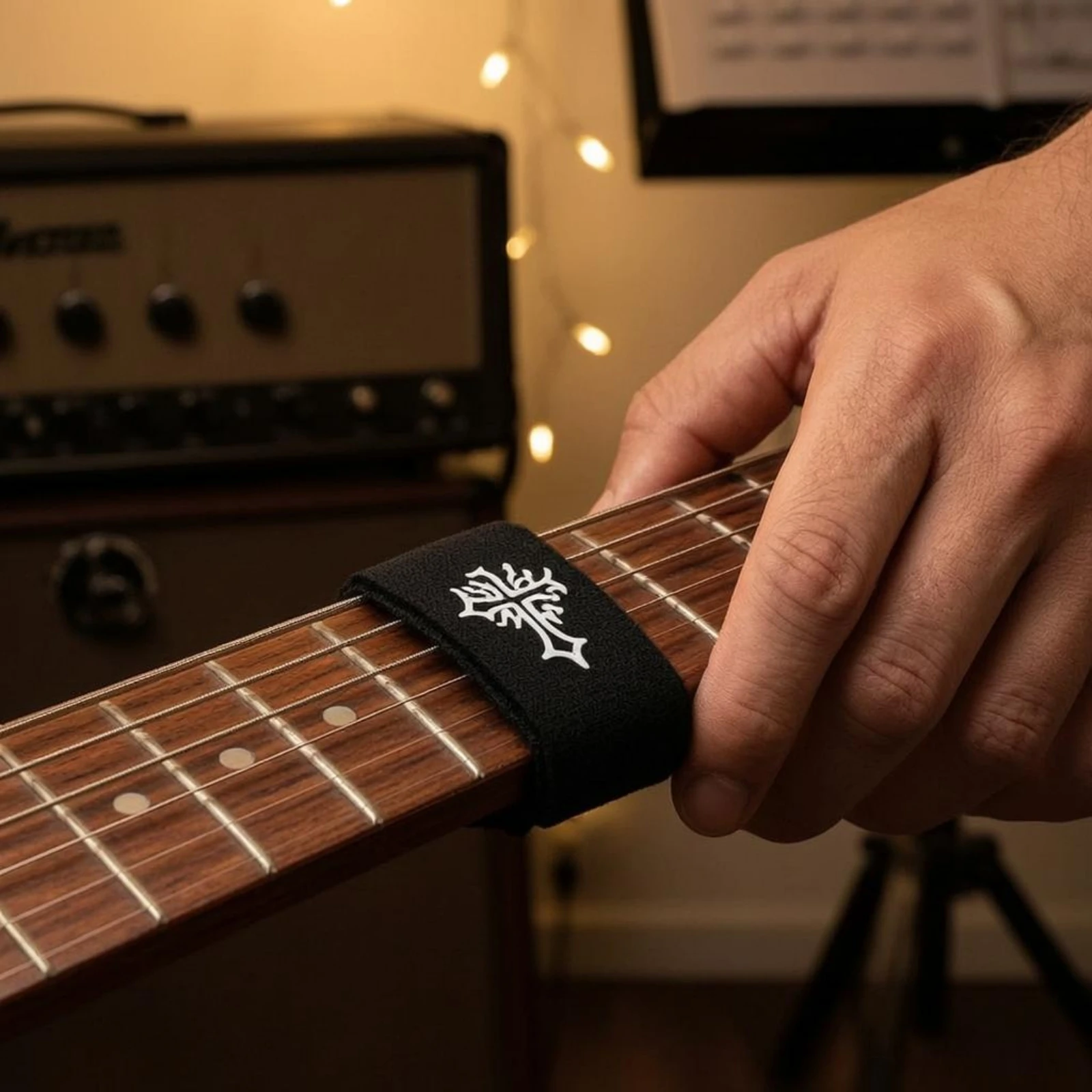 Фото Лента для обмотки струн гитары Fret Wrap, легко устанавливаемая, черная, на липучке, для подавления высоких частот №5