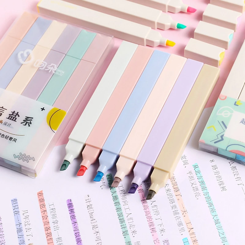 

6PCS/Set Fashion Soft Tip Highlighter Macarone Color Large Volume Marker Pen DIY Journal Fluorescent Pen Student Stationery
