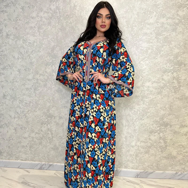 Floral Print Muslim Long Sleeve Abaya For Women 2022 Dubai Turkey Hijab Moroccan Kaftan Dress Luxury Arabian Ramadan Eid  Abayas