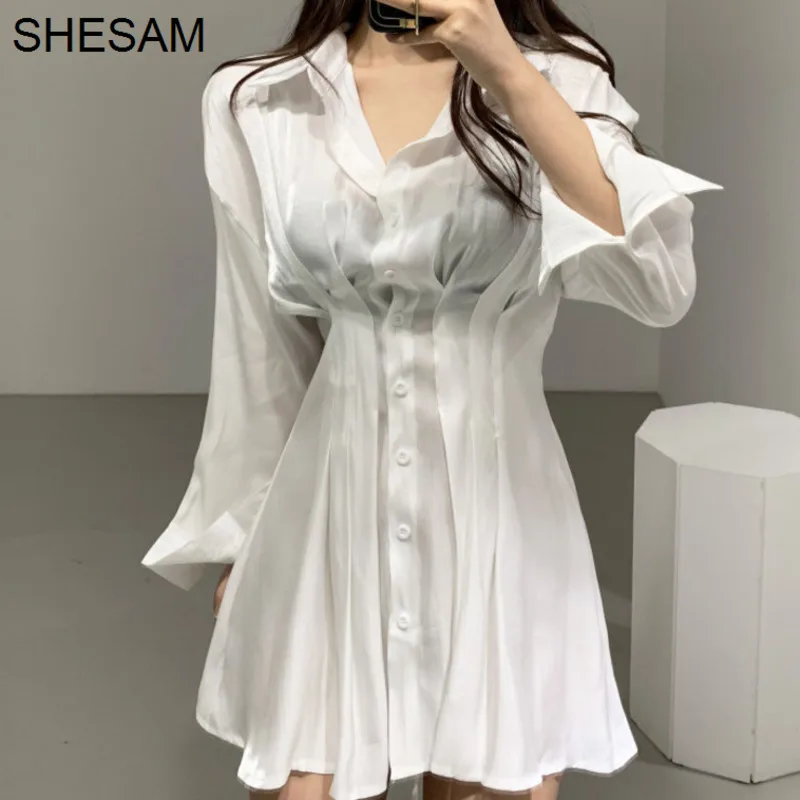 

Женское однобортное платье-рубашка, элегантное платье с присборенной талией и отложным воротником на завязках сзади, платье-рубашка с длин...