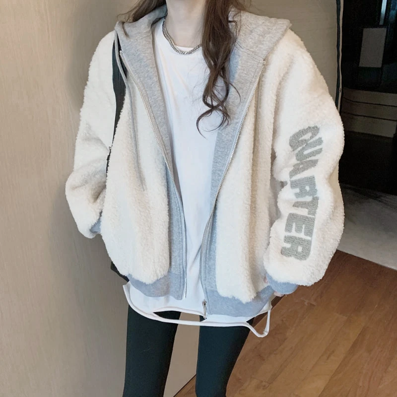 

Hot Kf-Women's Fashion Casual Thicken Fake Lambswool Hooded Jacket Fake 2 Pieces White One Size