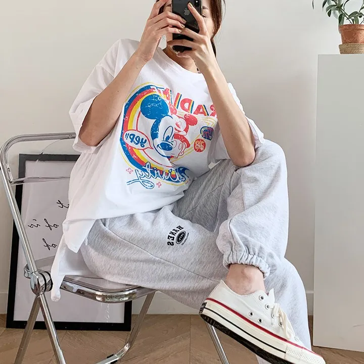 

여성 반팔 워싱 미키 롱박스티 라운드 캐주얼 캐릭터 여름티셔츠