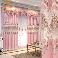 european style high end romantic pink thickened chenille hollow embroidered window screen curtains for living room bedroom