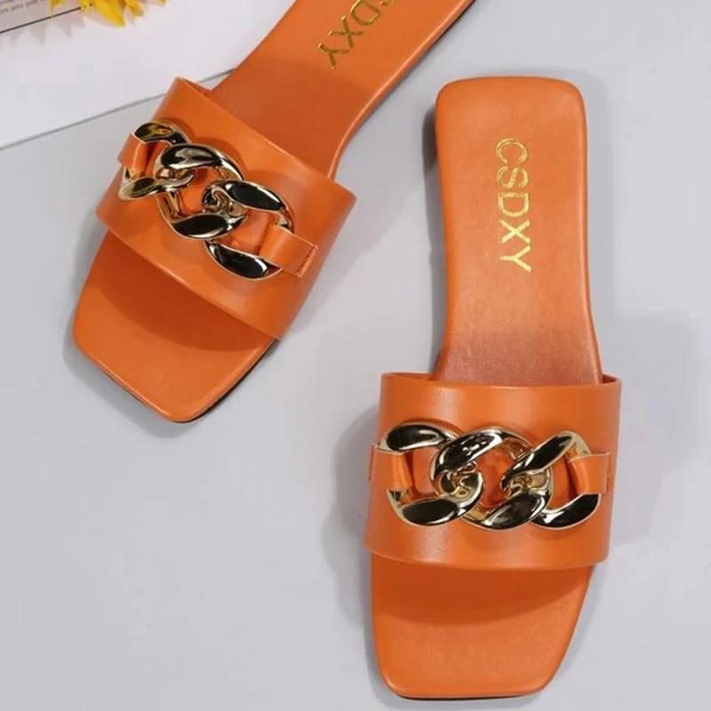 2023 New Women Summer Slipper Square Toe Chain Flat Slide Sandals Beach Cute Temperament Flip Flops Ladies Big Size Woman Shoes