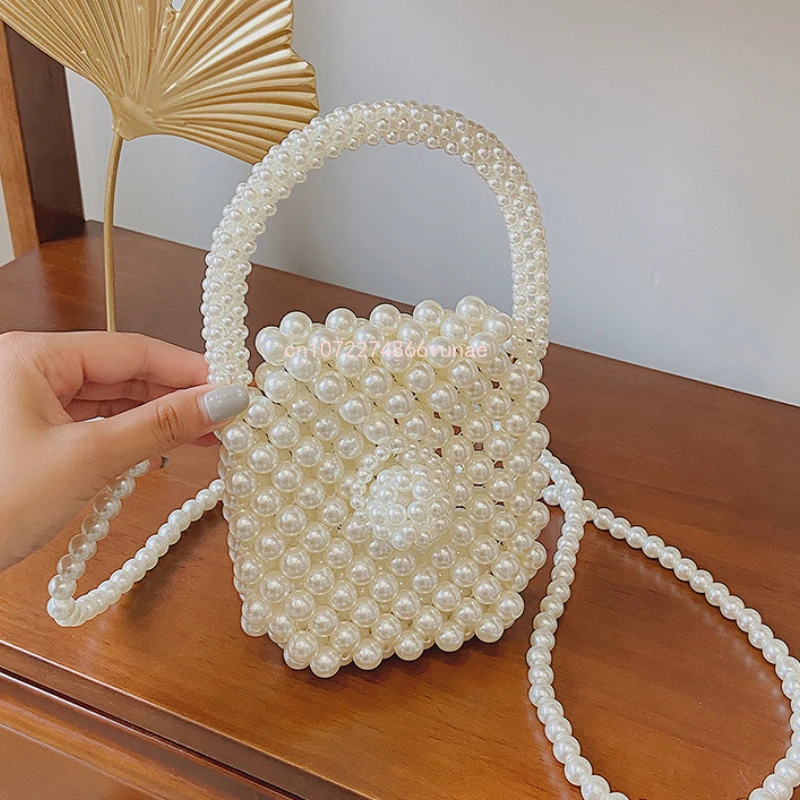 

Pearl Woven Tote Crossbody Bags for Women DIY Handmade Small Flap Wallet Handbags Ladies Beach Shoulder Clutch Bag