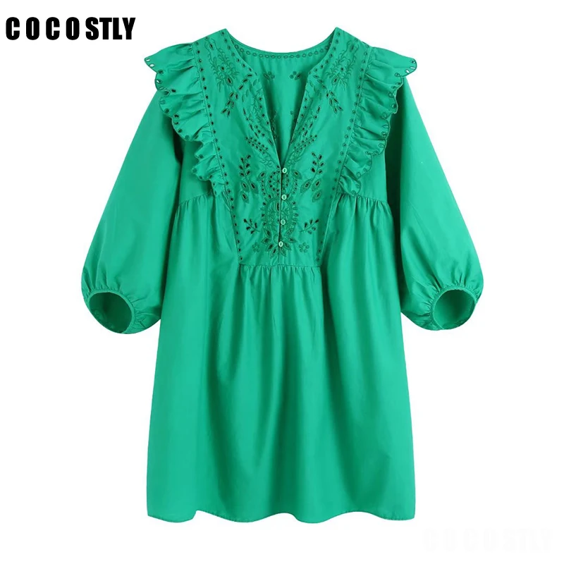 

2022 New Fashion Spring Summer Women Three Quarter Sleeve Ruffle Vintage Poplin Dress Loose Solid Simple Casual Mini Dress Femme