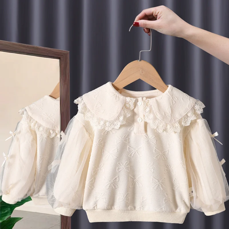 

Little Girl Sweatshirt Heart Printed Shirt Cute Korean Style Tees Soft Cotton Lace Sleeve Decor Fall Children Clothing for Girl