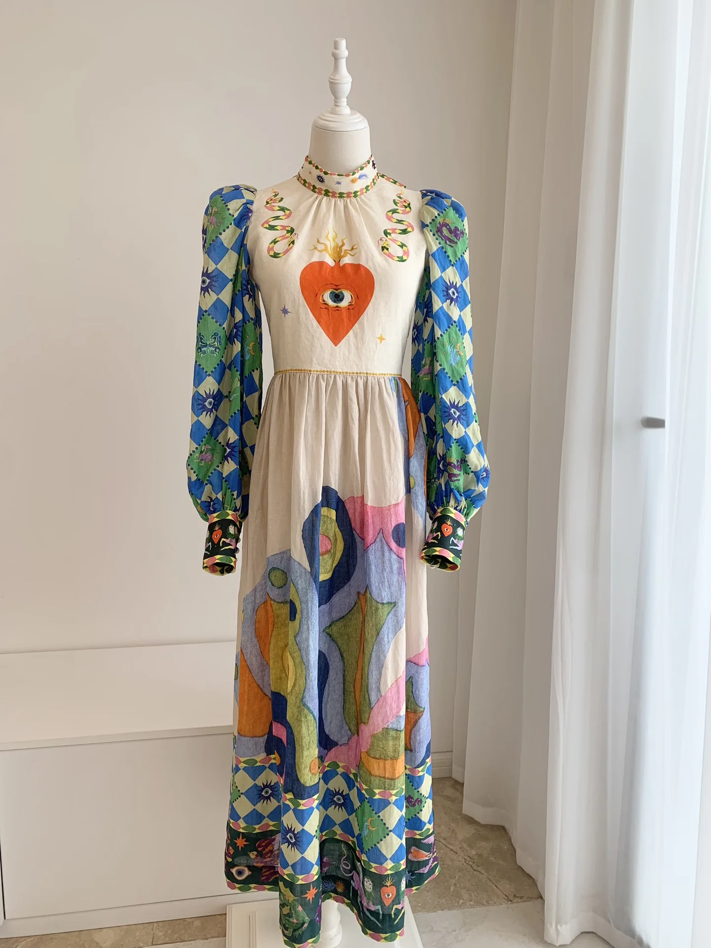 

Women Midi Dress Printed Stand Collar Lantern Sleeve Robe Bohemian