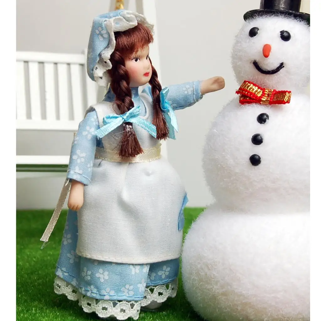 

Dollhouse Miniature Porcelain Doll Beautiful Little Girl Servent Dress and Hat