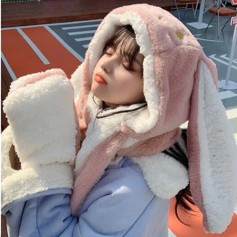 

Female autumn and winter all-match cute hooded bear scarf gloves one warm and cold ear protection cotton cap Lamb velvet hat