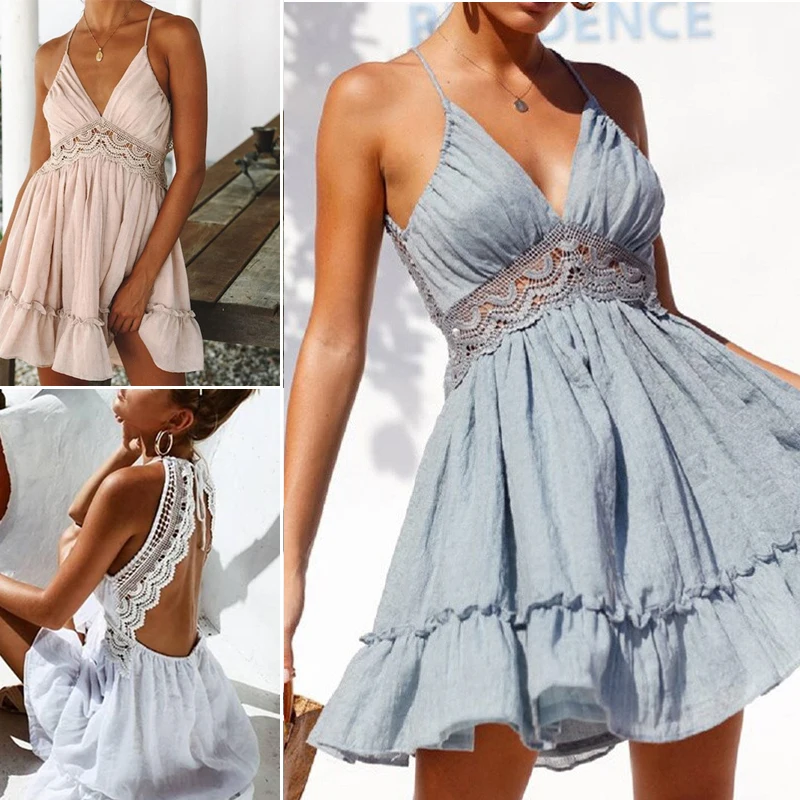 

Women Clothes Casual Sleeveless V-Neck Boho Floral Dress Summer Evening Party Beach Lace Sundress Solid less Pullover