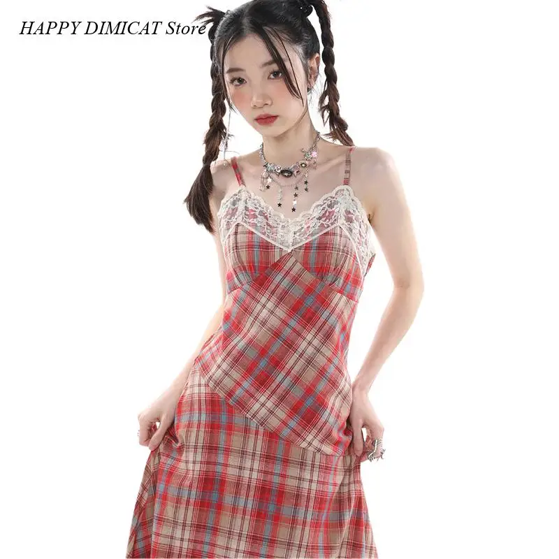 

Sleeveless Dress Suspender Mid-length Skirt Women's Wear Strap Lace Plaid Chic Slim Skirt Sexy Backless Summer French Vintage