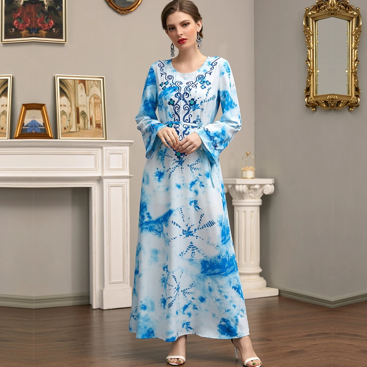 Мусульманское платье Wepbel Eid Abaya, женское синее длинное платье с завышенной талией, женская одежда, платье-пуловер с принтом Caftan, кафтан