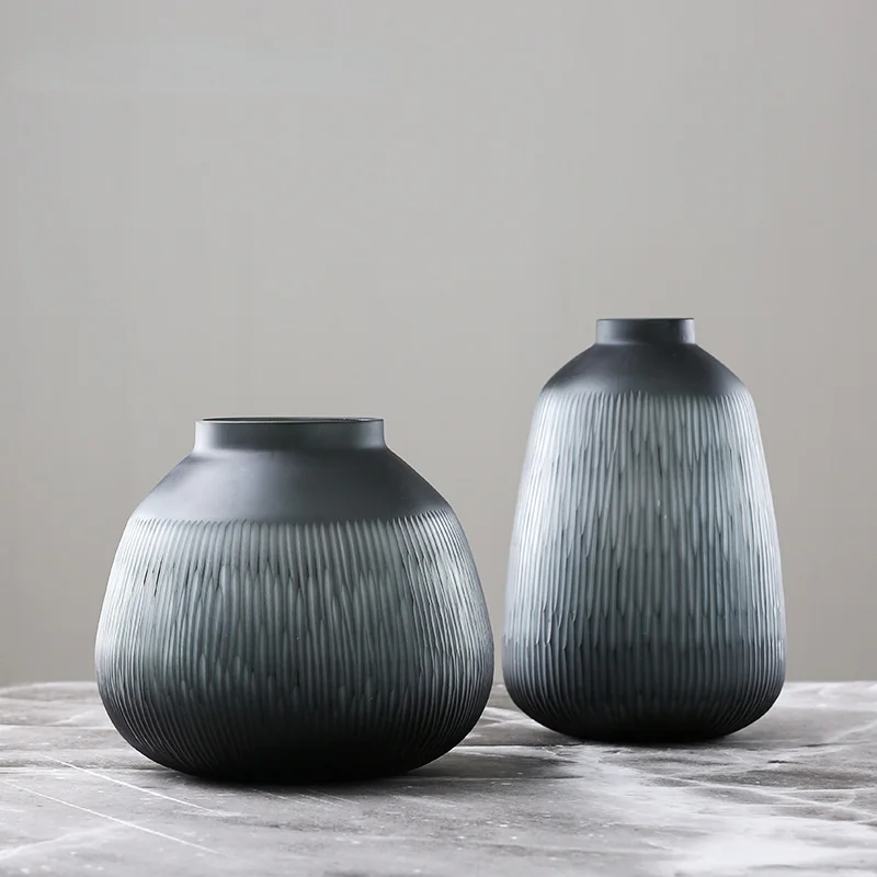 Home, antique style, gray gradually changing, small mouth, thickened glass vase, home model room, soft vase