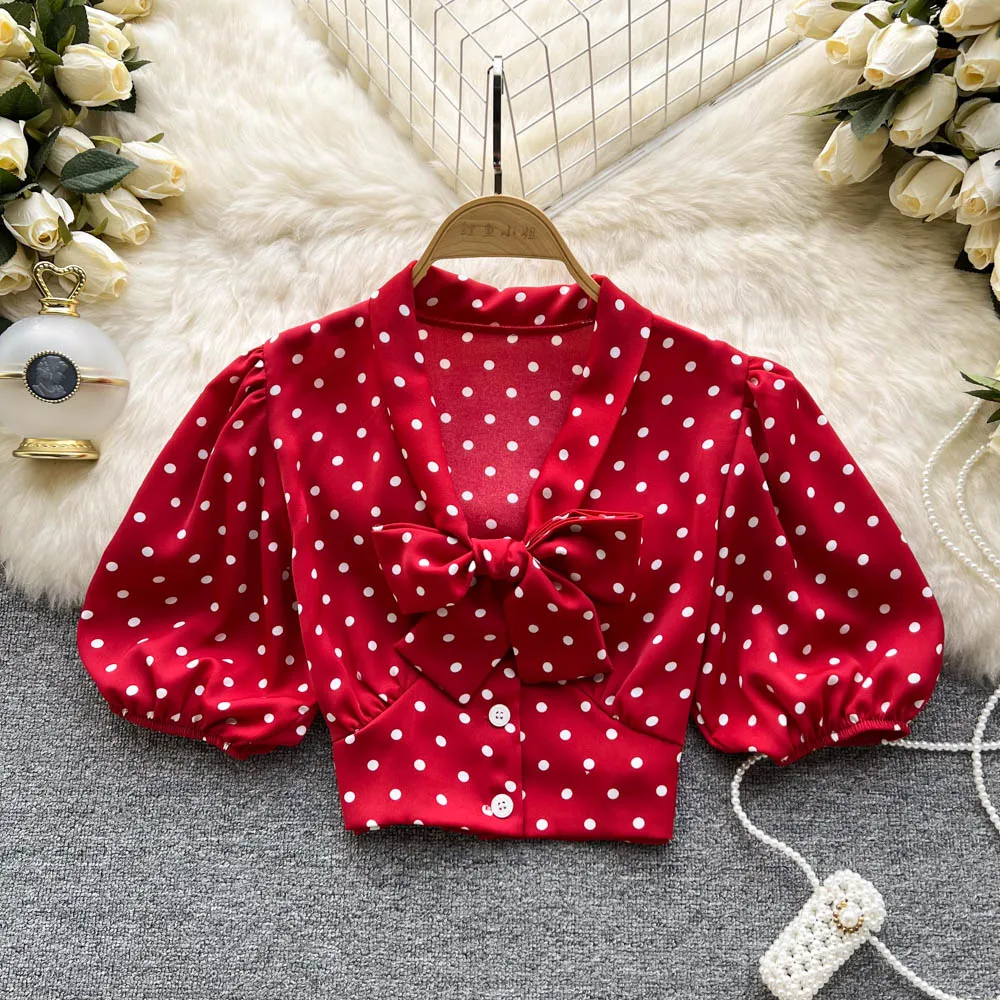 

New Fashion Dot Print Red Retro Sweet Chiffon Blouse Women's 2022 Summer Bow Short Sleeve Casual Blouse Clothes E453