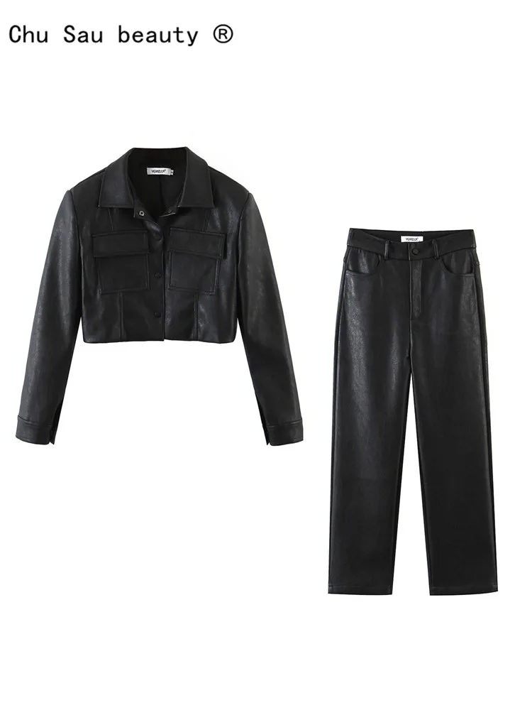 

2022 Autumn Winter New Sexy Hot Girl Lapel Short PU Leather Jacket Woman + Slim Straight Casual Leather Pants Suit Female