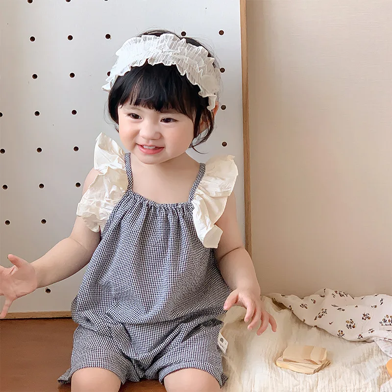 

Newborn Girl Retro Casual Fly Sleeves Bodysuit Summer Outfits Infant Plaid Sleeveless Suspenders Romper Baby Cotton Thin Onesie