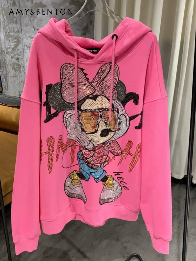 Autumn New Large Version Sweater Hooded Ladies Sweet Oversize Large Hat Heavy Embroidery Hot Drilling Fashion Brand Cartoon Tops