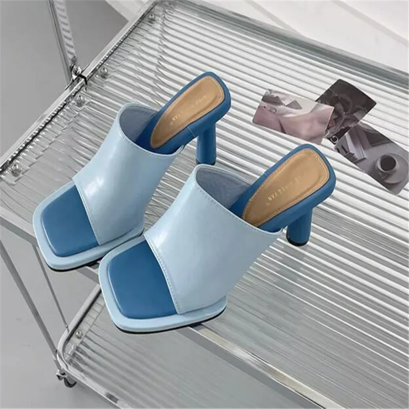 New Blue Slippers Sandals Women Summer 2023 Fashion Square Toe Sexy High Heels Platform Shoes Outdoor Cozy PU Leather Slides