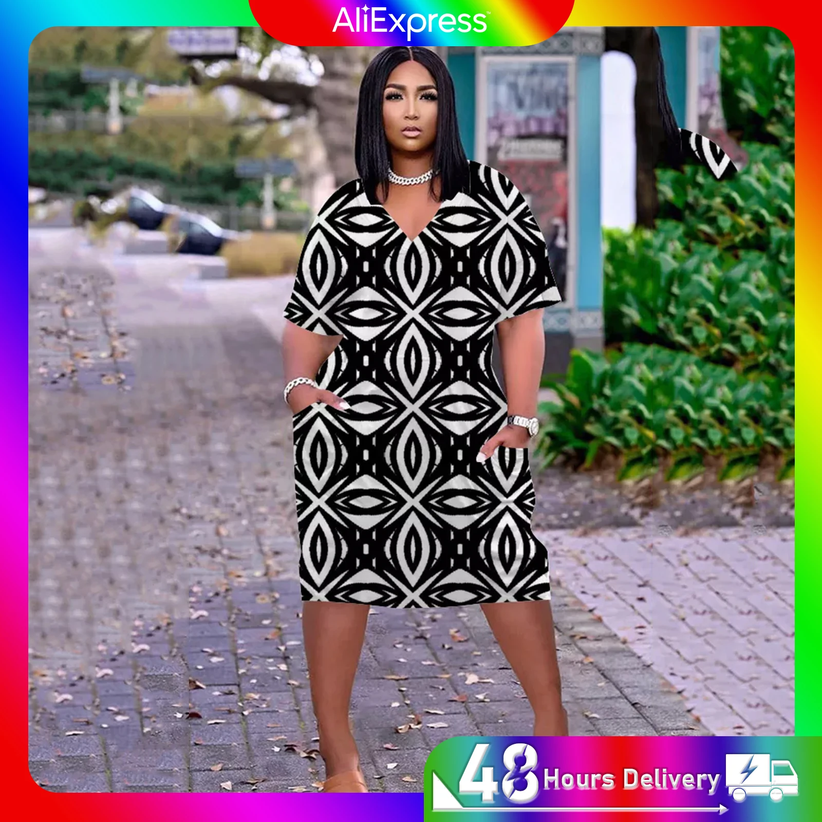 

Summer New Art Portraits Print Dress Elegant Women Short Sleeve Dresses Sexy Girl Knee-Length V-Neck Female Beachwear Dress
