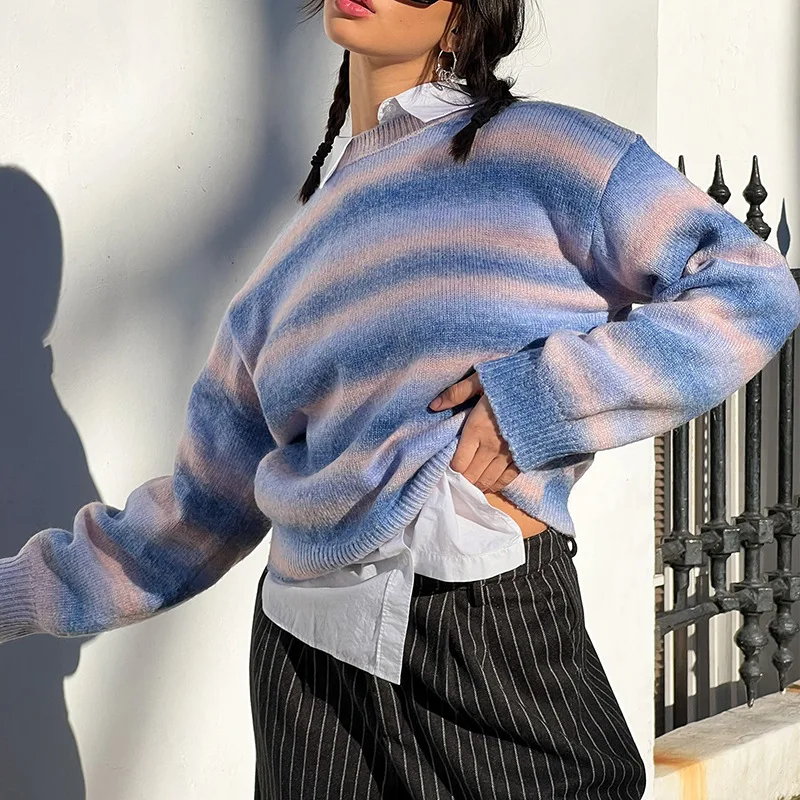 

Women Casual Knitwear Round Neck Long Sleeve Gradient Rainbow Stripe Pullover Shirt Knit Sweater 2022 Autumn Winter Warm Top