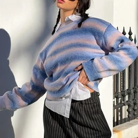 women casual knitwear round neck long sleeve gradient rainbow stripe pullover shirt knit sweater 2022 autumn winter warm top