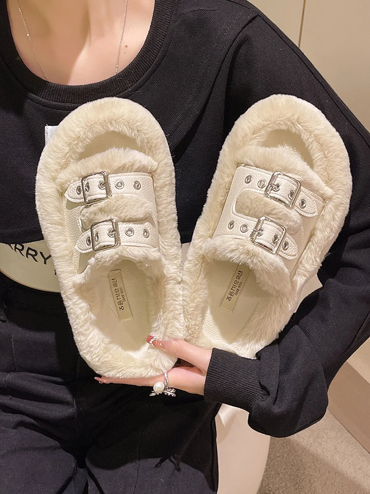 

Shoes Woman's Slippers Low Slides Fur Flip Flops 2023 Flat Soft Plush Cotton Fabric Rome with fur Autumn Basic Short Fur Shoes L