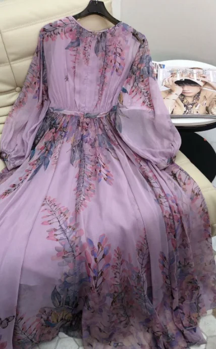 

Женское плиссированное платье до середины икры, фиолетовое платье с цветочным принтом, весна 2022