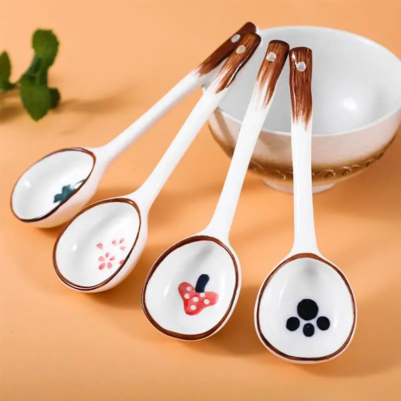 

4pcs Ceramic Spoons Small Porridge Spoon Soup Spoon Japanese Cuisine Spoons Kitchen Tableware