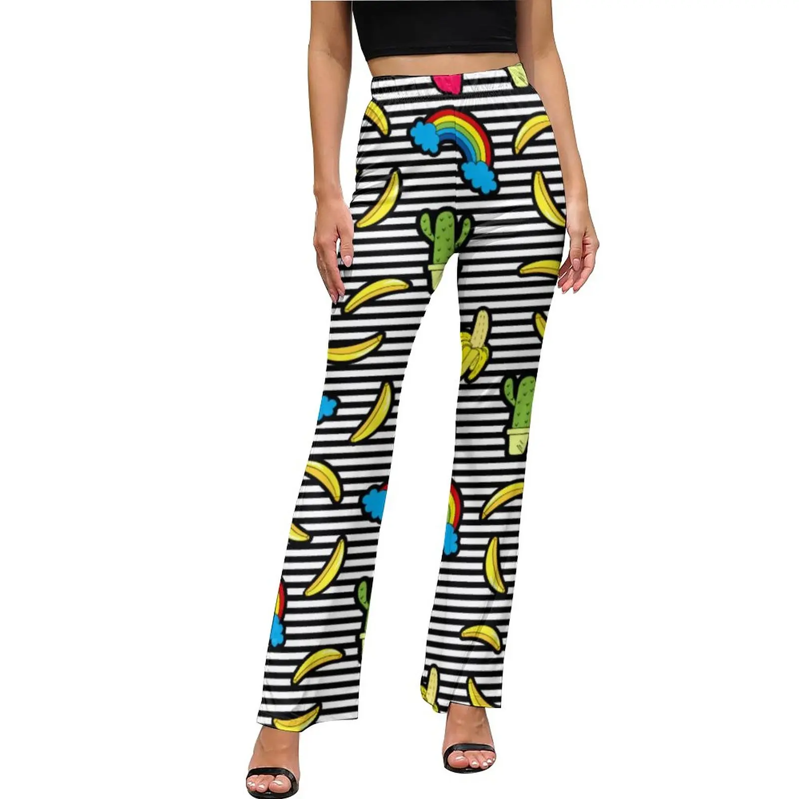 

Cactus Rainbow Fruit Casual Pants Woman Black White Stripes Slim Street Style Flared Pants Autumn Trendy Pattern Trousers