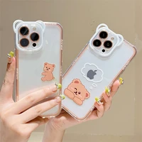 funny cute cartoon bear stand holder clear phone case for iphone 13 pro max 12 11 x xs xr animal couple transparent soft cover
