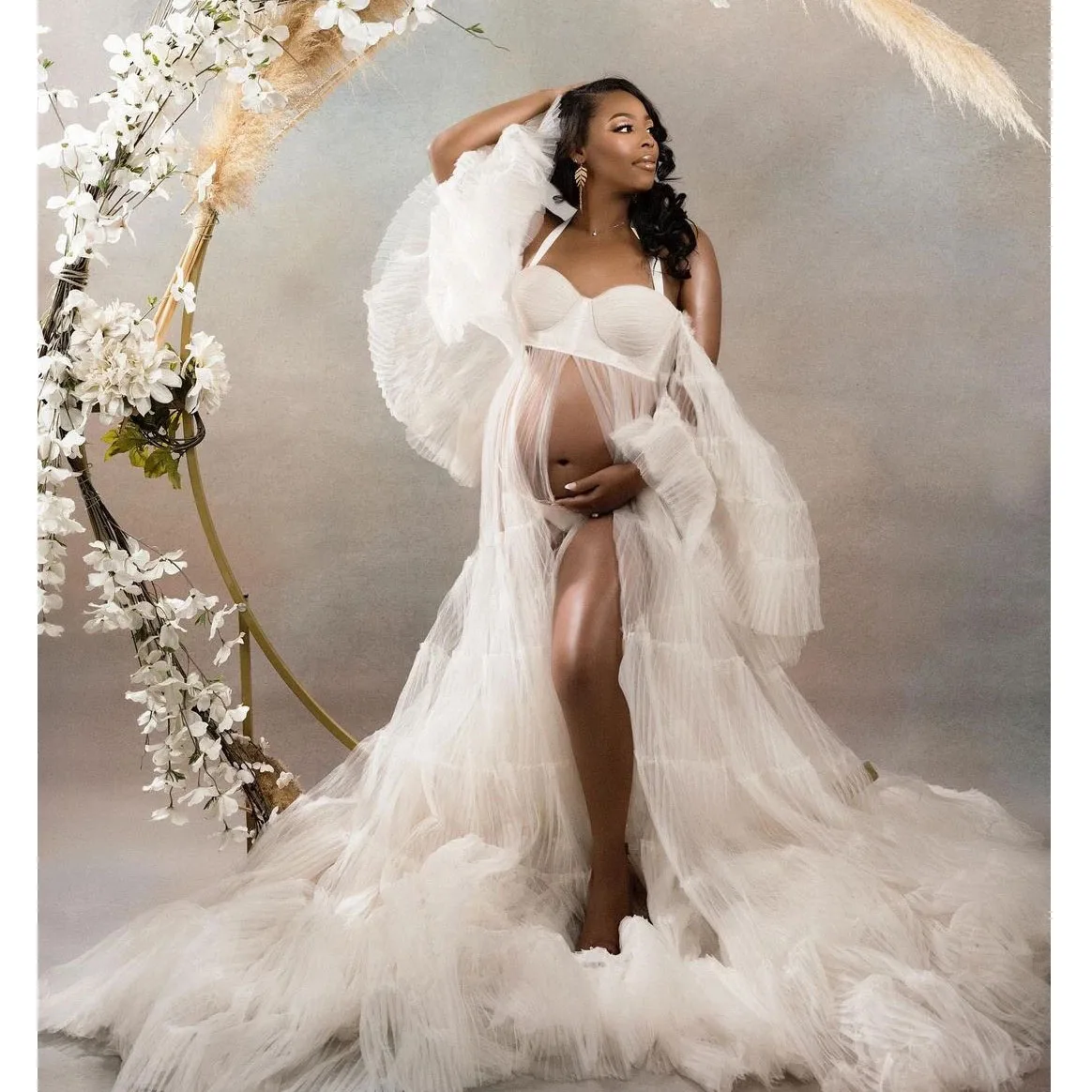 

Ceamy Halter Maternity Dress For Babyshower Long Puffy Sleeves Maternity Photography Outfit Pregnancy Front Split Women Dress