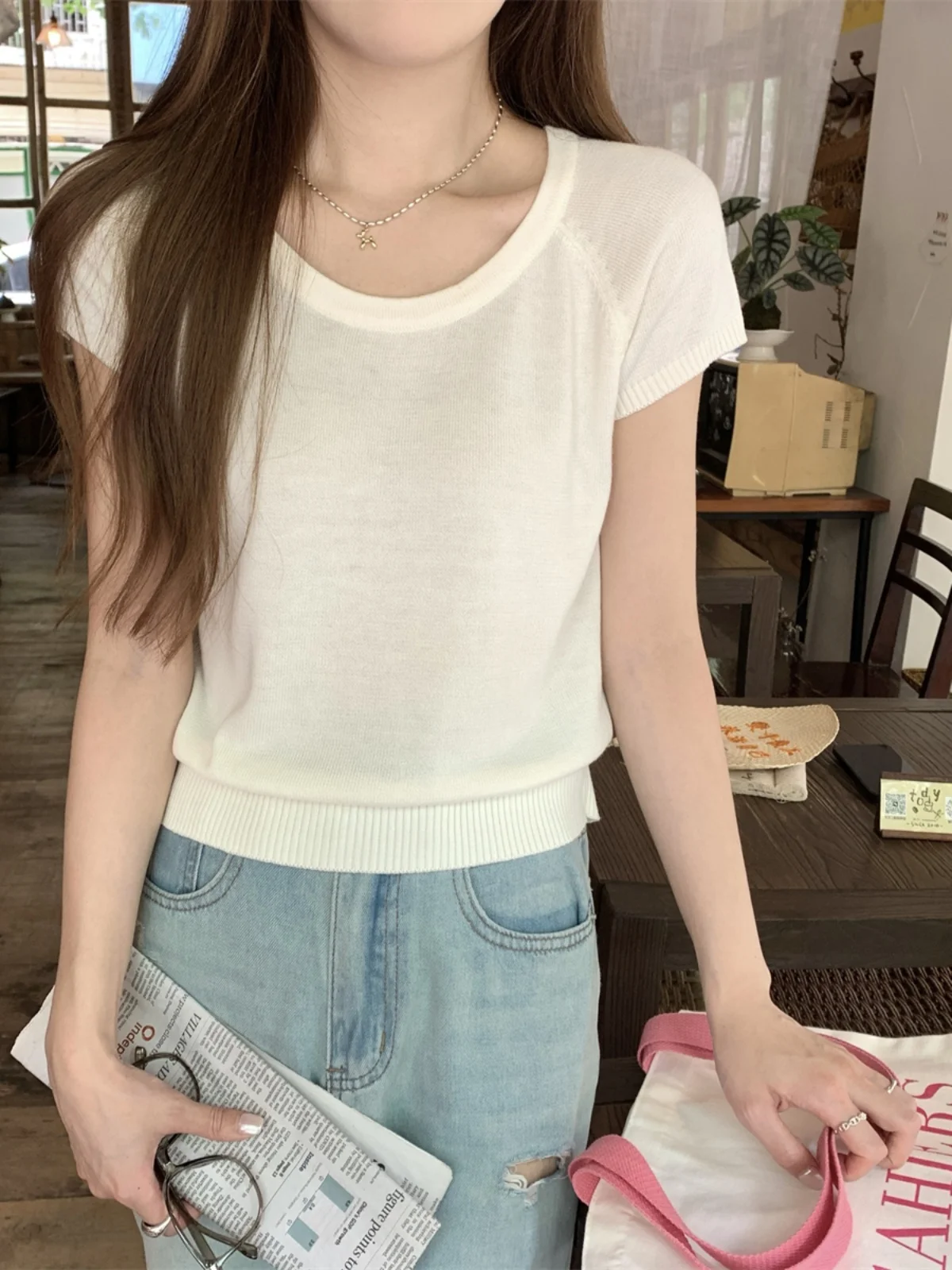 Французский sle элегантный реглан с круглым вырезом из ледяного шелка вязаный