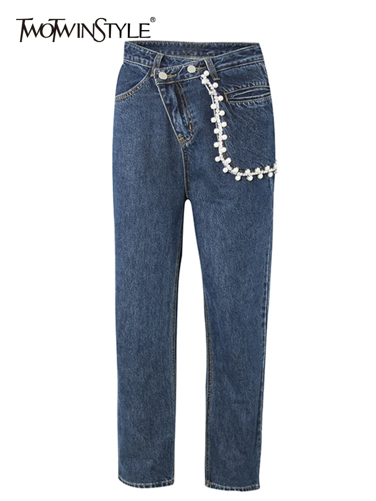 

Женские джинсовые широкие брюки TWOTWINSTYLE, свободные однотонные брюки в Корейском стиле с высокой талией, 2019