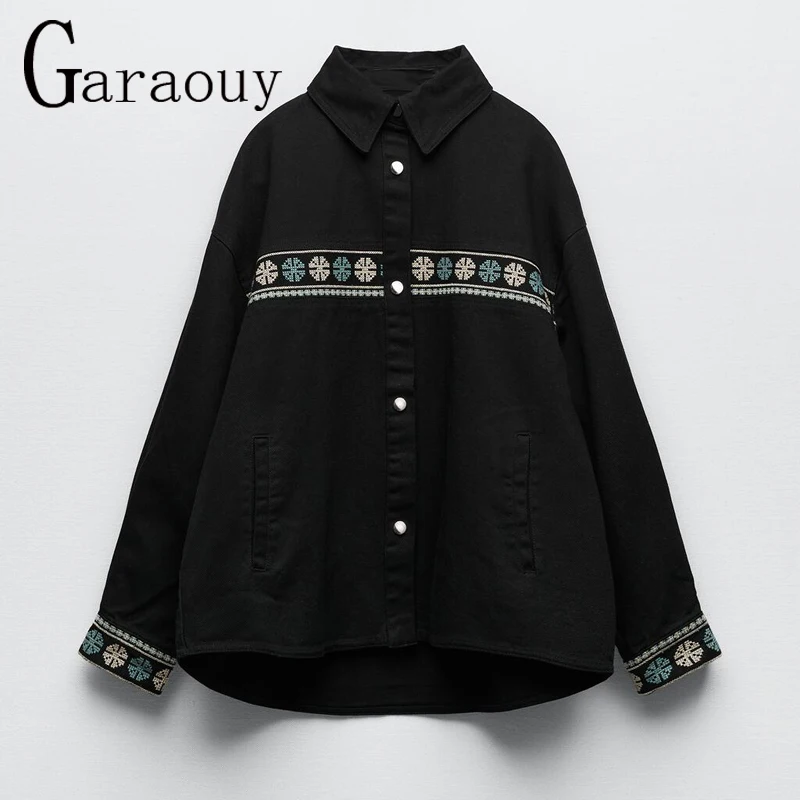 

Garaouy 2022 Autumn New Women Vintage Embroidery Blouse Jacket BF Oversized Asymmetrical Shirt Coat Pockets Outwear Mujer Femme