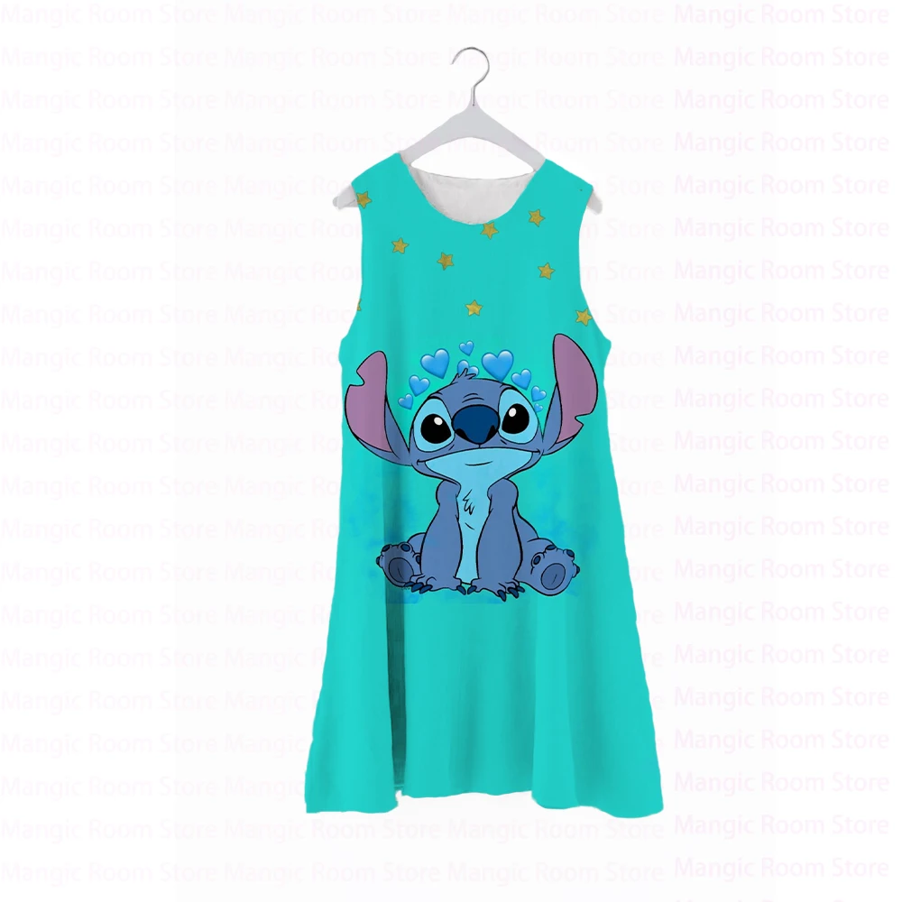 

Stitch Cartoon Sleeveless Dress Disney Series Round Neck Vest Sleeveless Children Summer Casual Cute Comfortable Pajama Dress