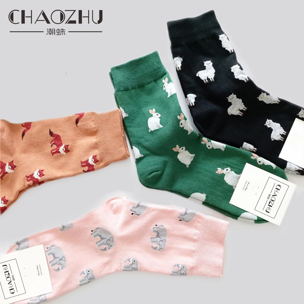 

CHAOZHU New Korea Japanese Cartoon Lovely Animals Rabbit Fox Elephant Alpaca Cute 200 Needles Knitting Women Socks 4 Seasons