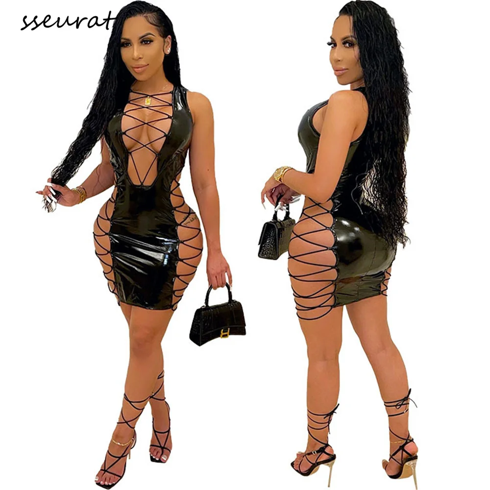 SSEURAT 2022 Summer Women Lace Up Hollow Out PU Faux Leather Sexy Party Clubwear Bodycon Mini Dress