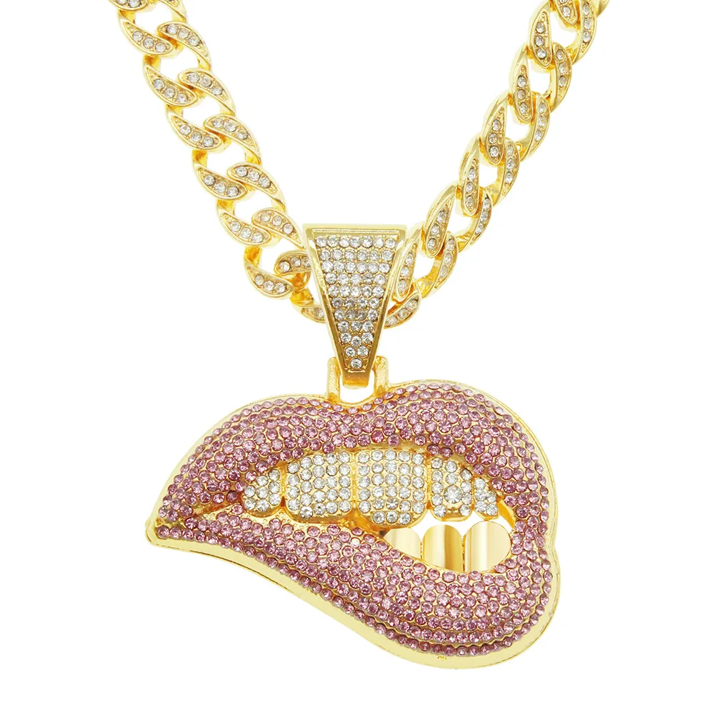 

European And American Fashion Personality Pink Lip Diamond Teeth Pendant Necklace Men's Domineering Cool Exaggerated Cuban Chain