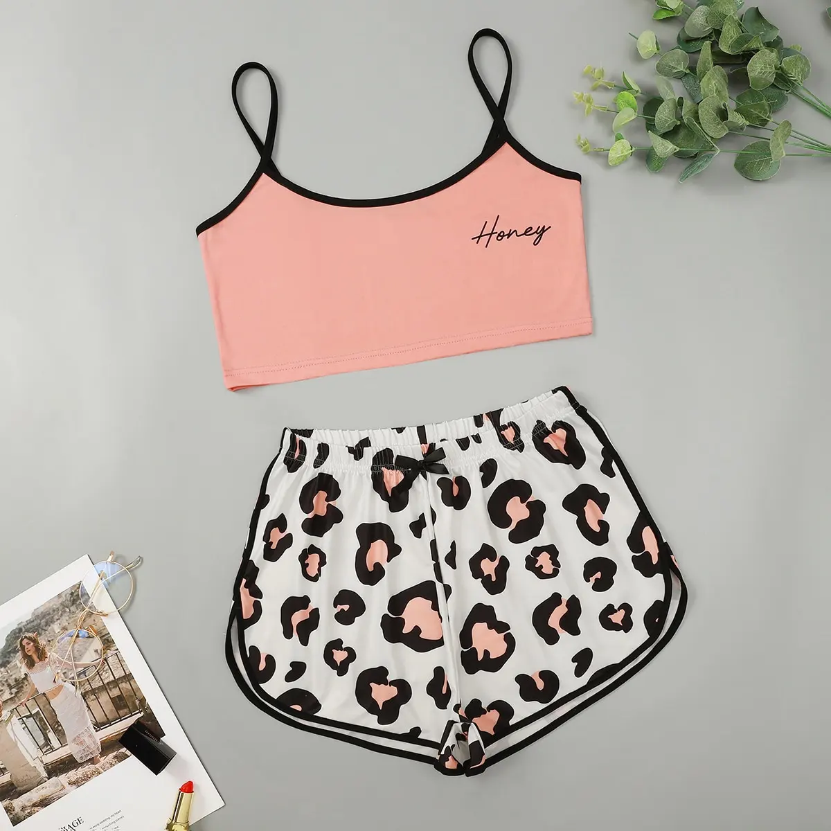 Monogram Print Halter Top and Leopard Print Bow Trim Shorts Home Wear  Pajama Suit Fashion Sexy Home Women's Underwear Pajamas