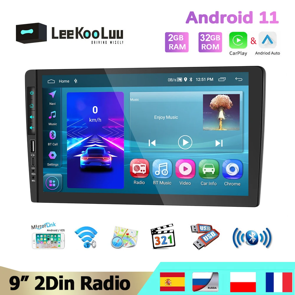 LeeKooLuu 2Din Android 11 Car Radio GPS Navigation 9" Multimedia Player WIFI Bluetooth Wireless Carplay Android Auto 2G+32G