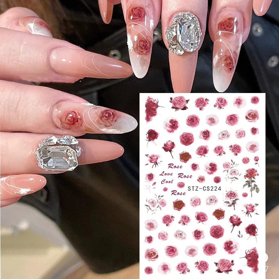 Rose 3D Nail Sticker Designs Botanical Floral Spring Nail Decorations Simple Red Ink Floral Adhesive Decals Slider Manicure images - 6