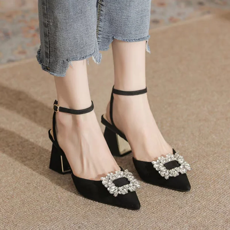 

Rimocy Ankle Strap Crystal Sandals for Women Pointed Toe High Heels Sandalias De Mujer Shiny Rhinestones Square Heeled Pumps