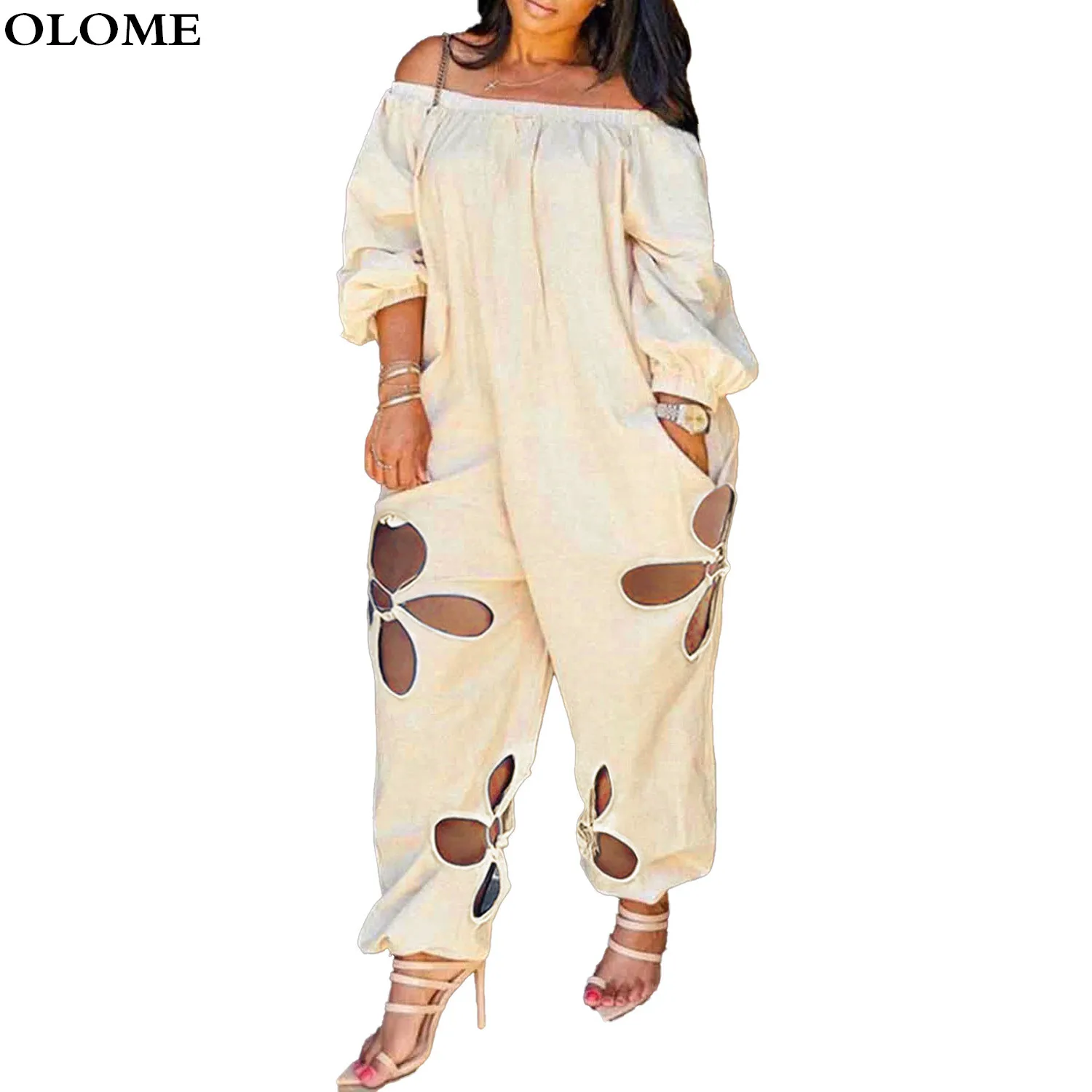 Sexy Hollow Out Holes Women Loose Jumpsuit 4XL 5XL 2022 Summer Autumn Slash Neck Long Sleeves Leisure Rompers Casual Bodysuit